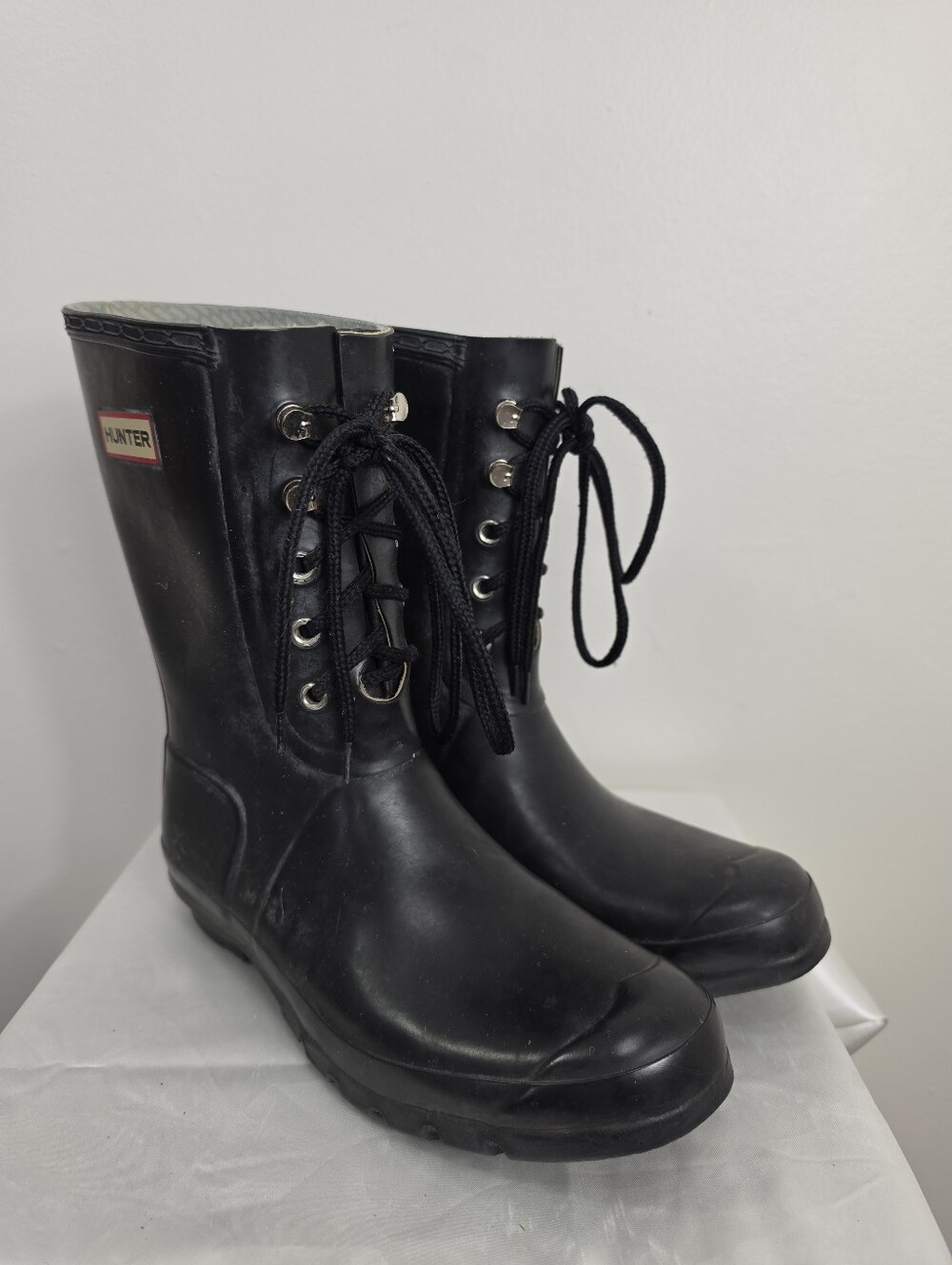 Hunter Black Lace-Up Mid-Calf Rain Unisex  Boots 10W 9M